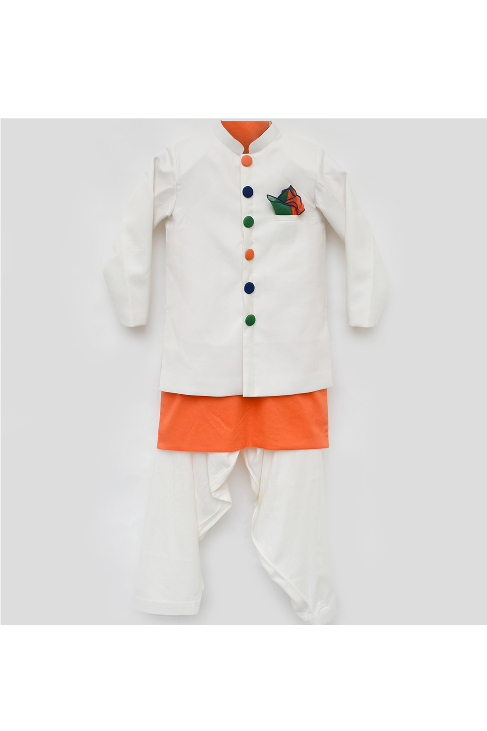 Orange kurta with off White jacket and salwar