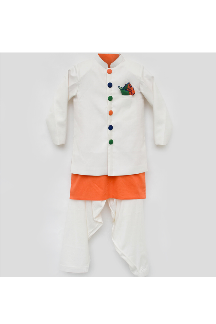 Orange kurta with off White jacket and salwar