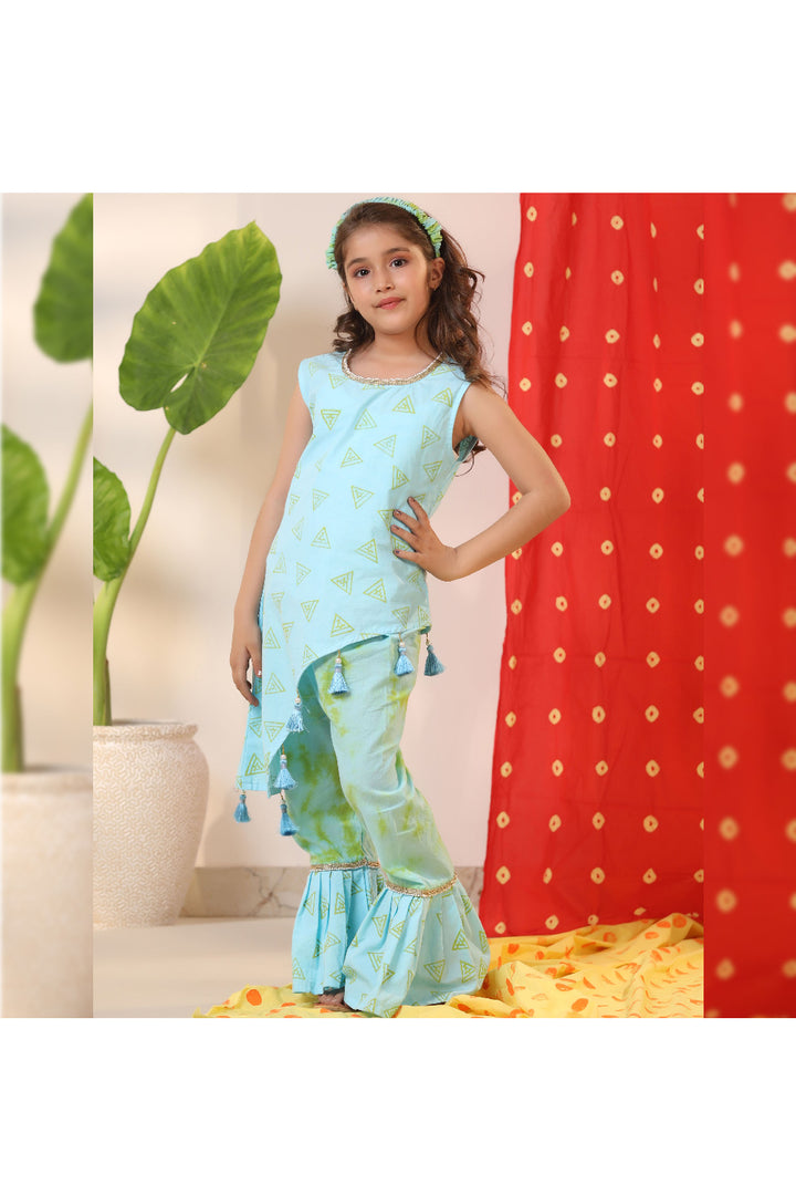 Blue Printed And Tassels Detailing Top With Sharara Set