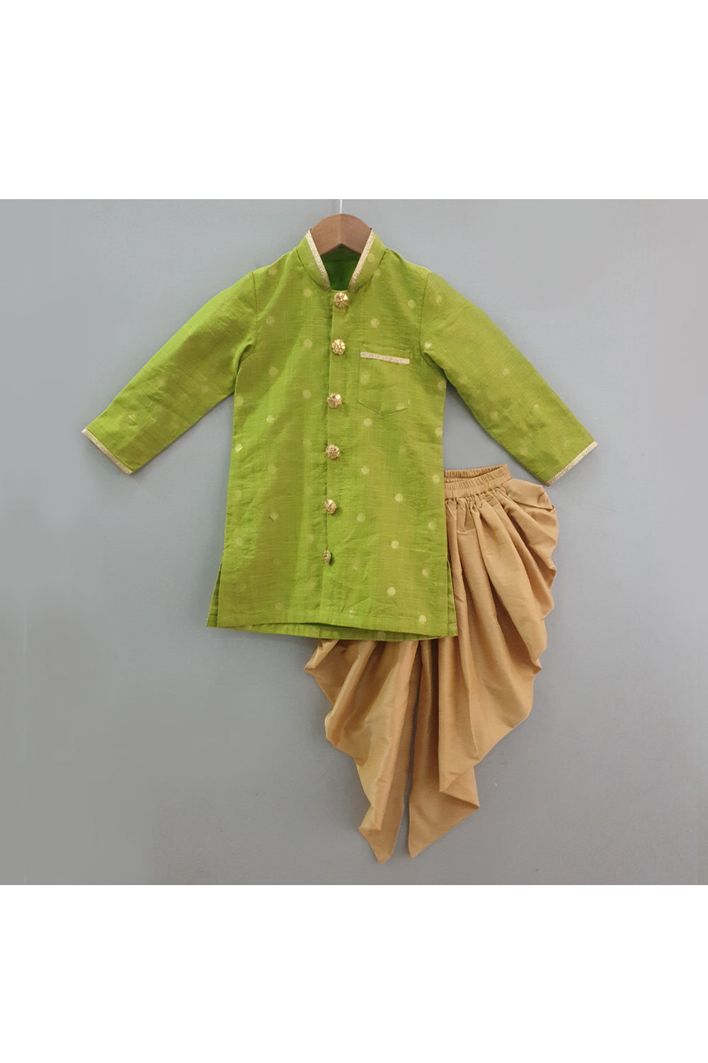 Parrot green banarasi polka dot printed kurta with beige dhoti