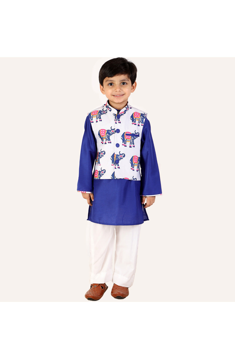 Blue Cotton Silk Kurta With Elephant Printed Jacket Set