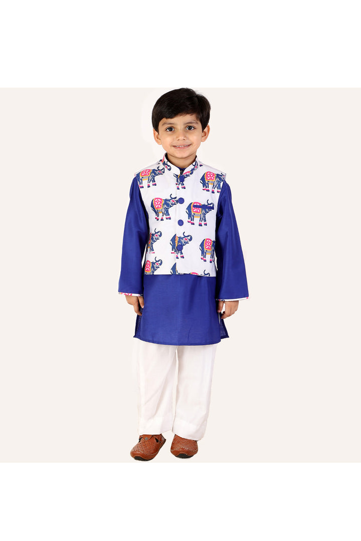 Blue Cotton Silk Kurta With Elephant Printed Jacket Set