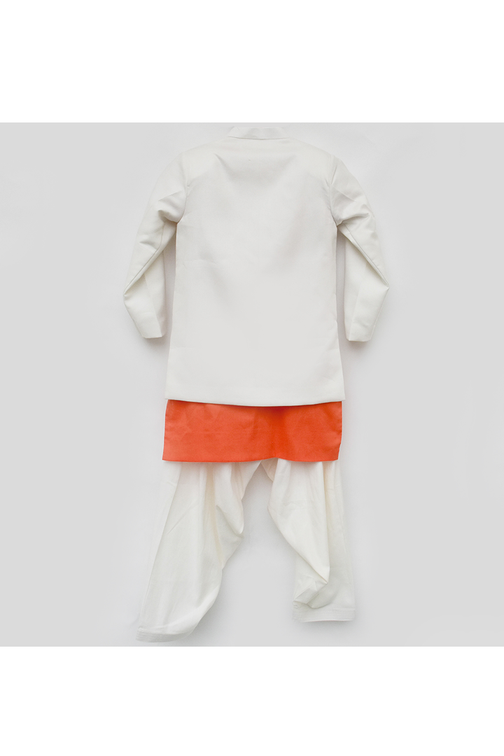 Orange kurta with off White jacket and salwar