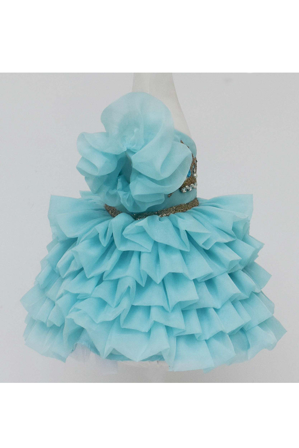 Sky blue one shoulder organza frock