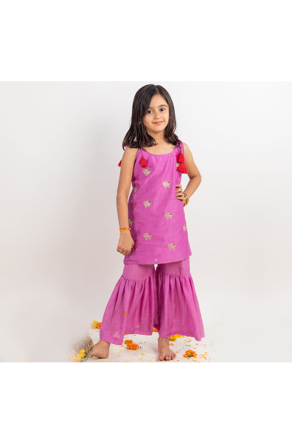 Lilac Sheep Embroidered Chanderi Kurta With Sharara Set