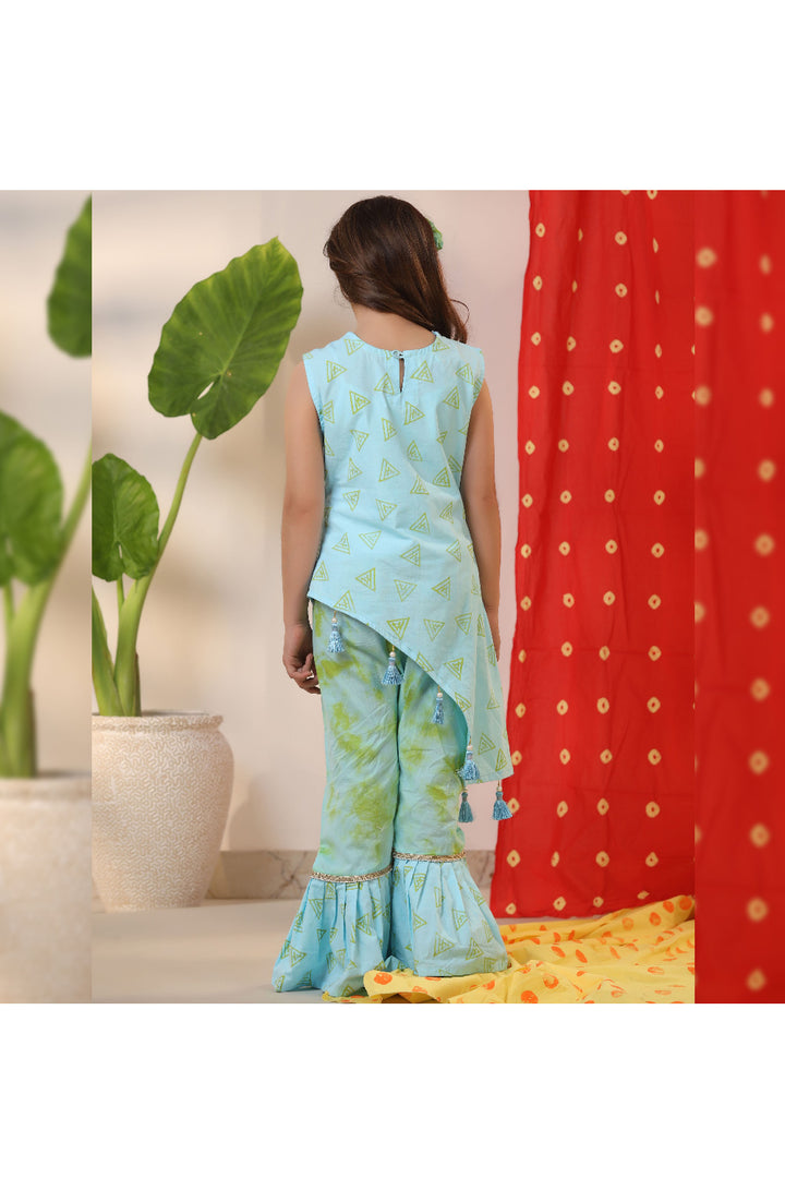 Blue Printed And Tassels Detailing Top With Sharara Set