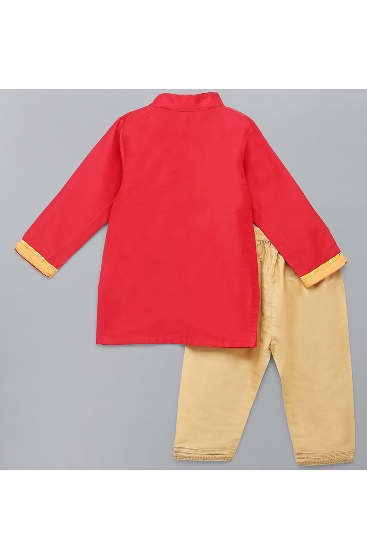 Red Fire Lamp Embroidered Kurta With Beige Pyjama