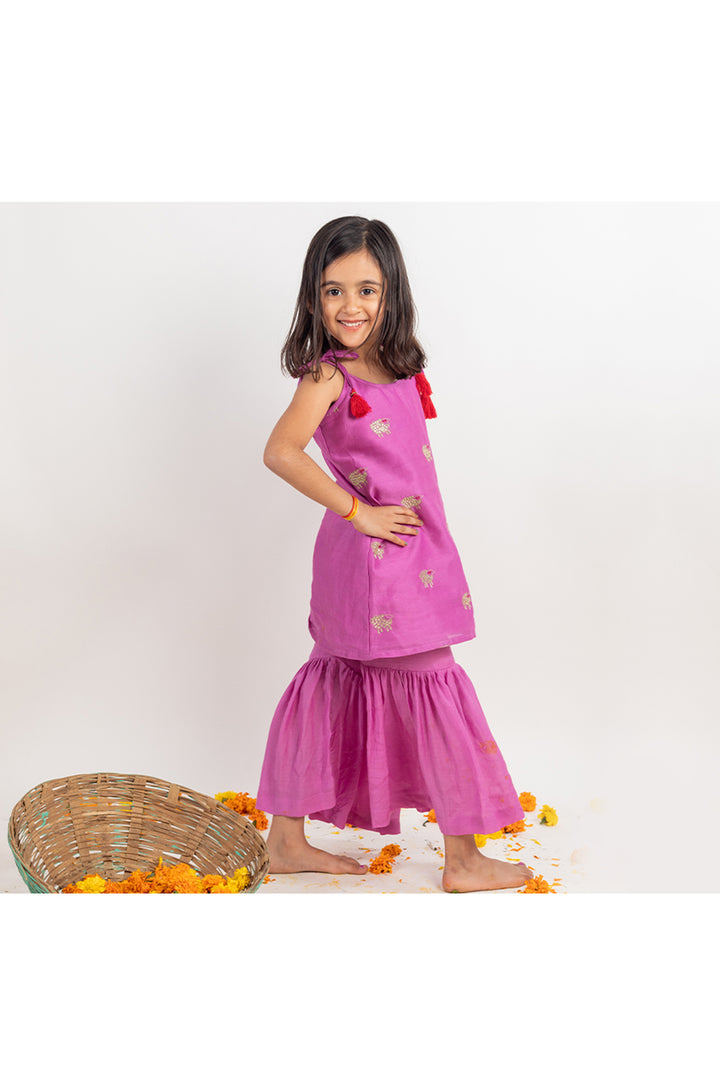 Lilac Sheep Embroidered Chanderi Kurta With Sharara Set