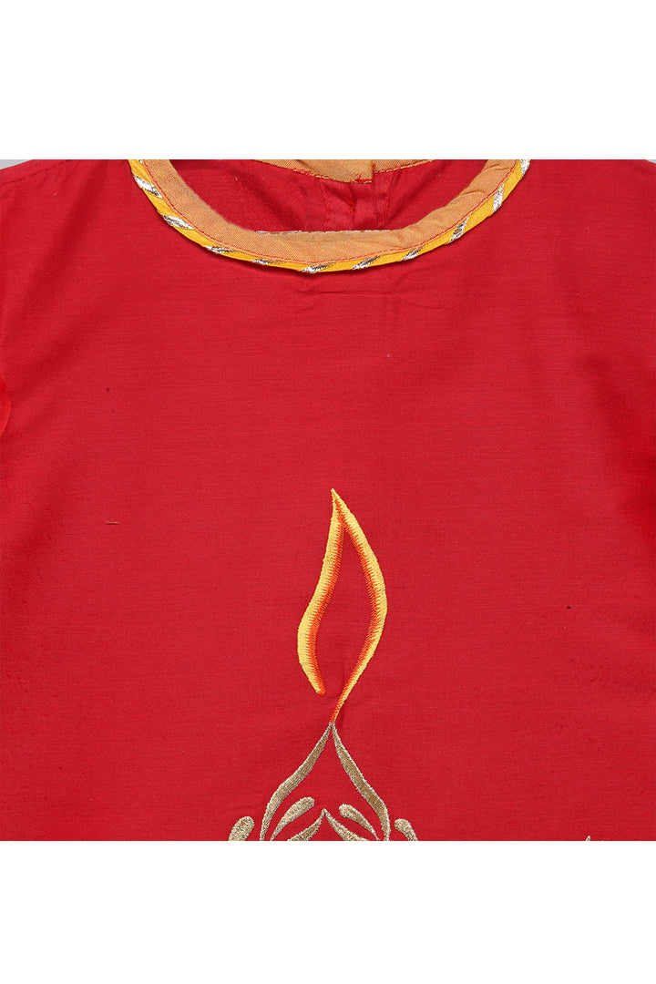 Red Fire Lamp Embroidered Kurta With Beige Pant Set