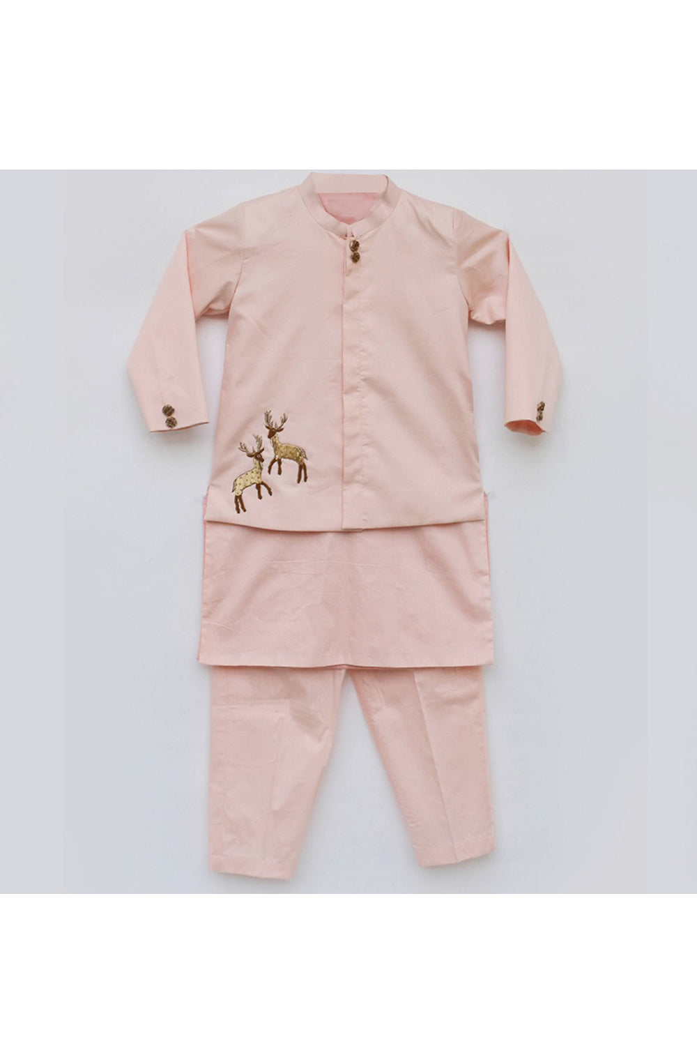 Peach Kurta With Deer Motif Jacket And Pant Set
