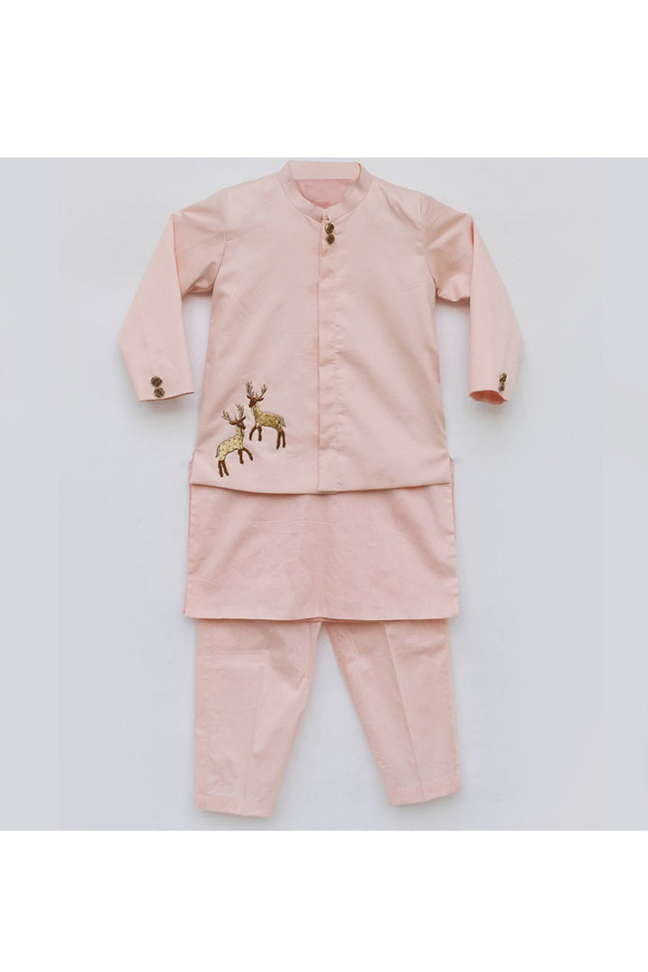 Peach Kurta With Deer Motif Jacket And Pant Set