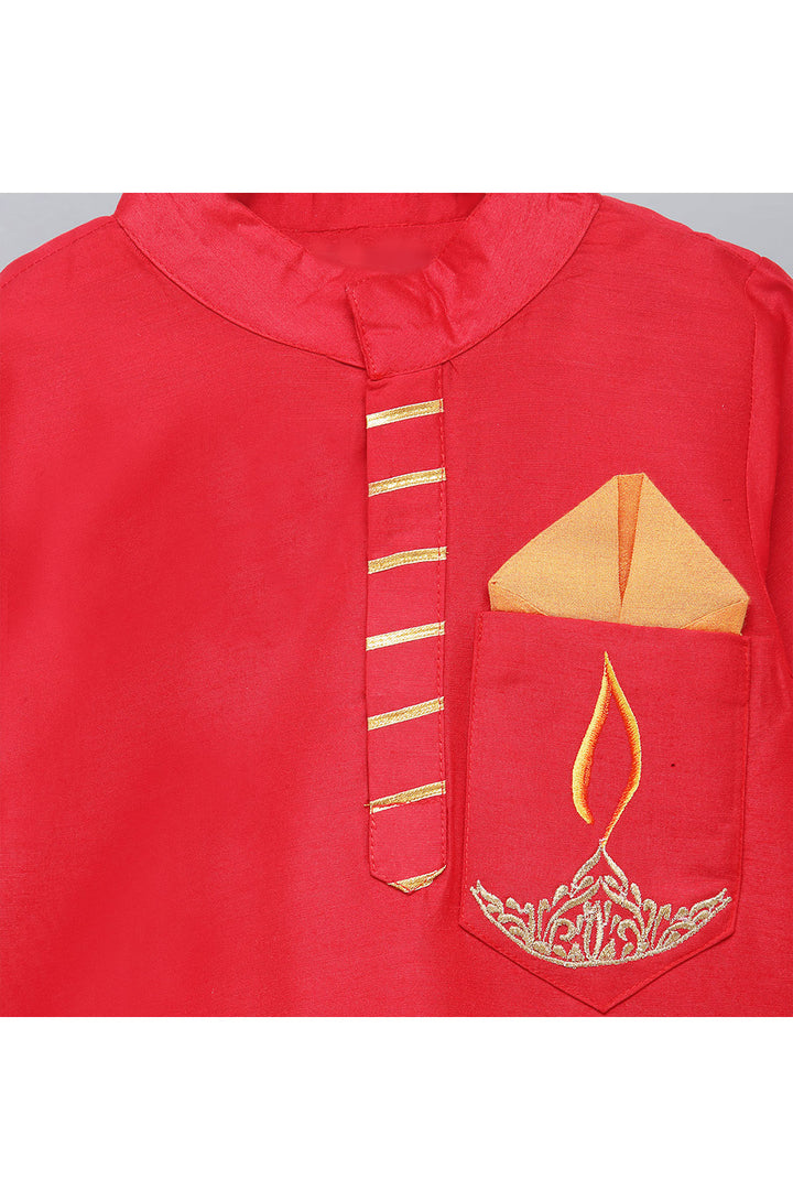 Red Fire Lamp Embroidered Kurta With Beige Pyjama