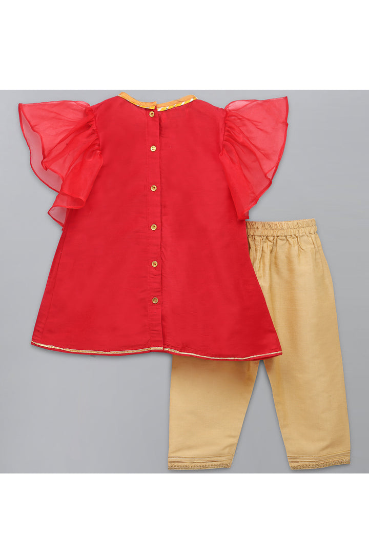 Red Fire Lamp Embroidered Kurta With Beige Pant Set