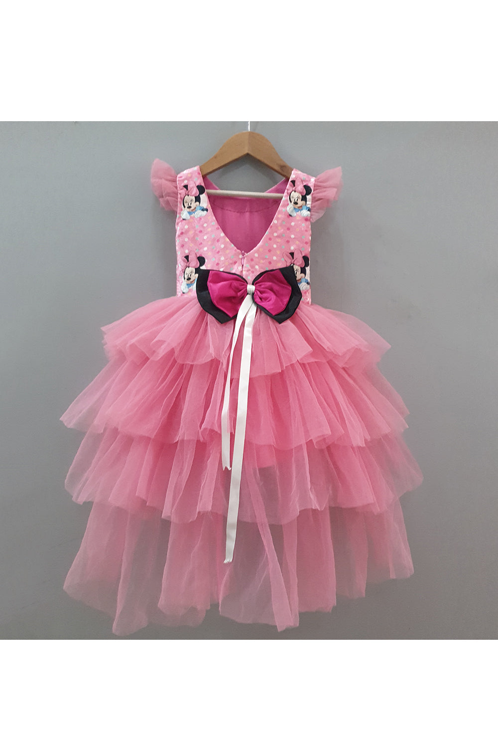 Pink minnie mouse printed high and low gown with a head band