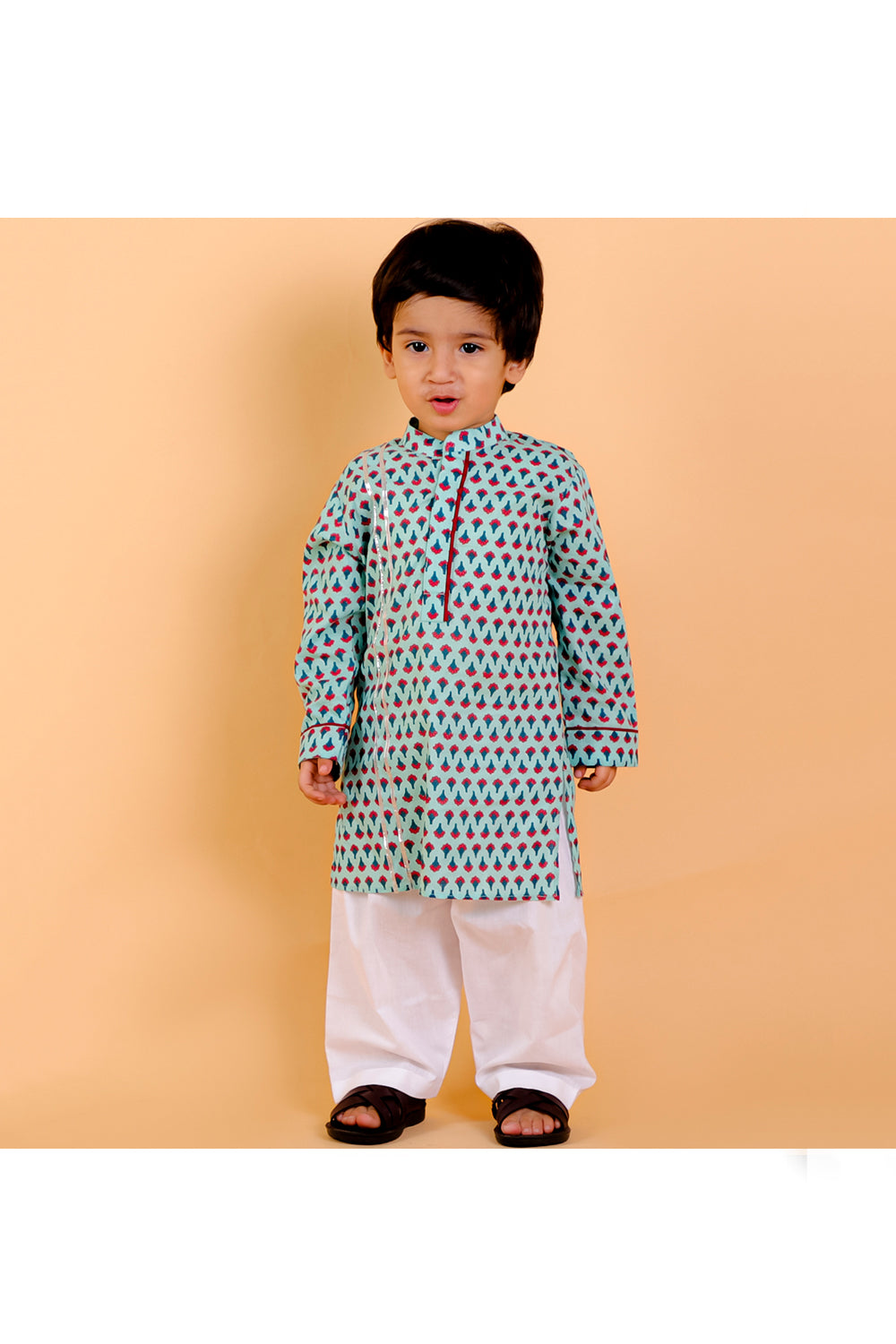 Light blue block printed kurta with white pyjama set
