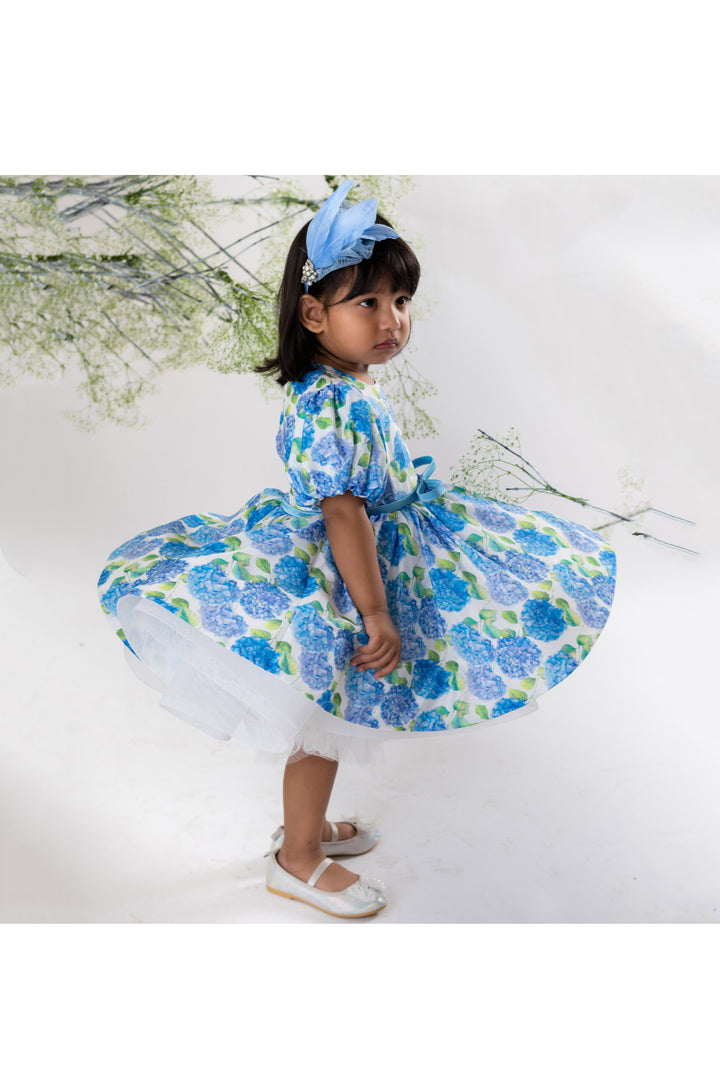 Blue Floral Printed Crepe Puff Sleeves Dress