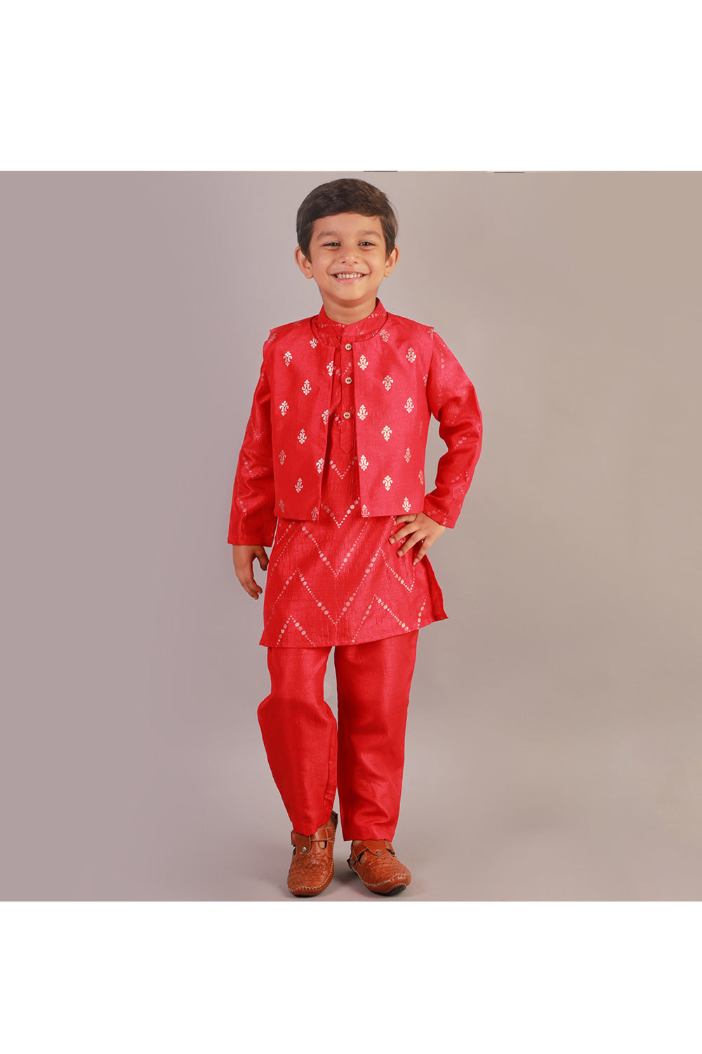 Red Printed Kurta With Jacket Set