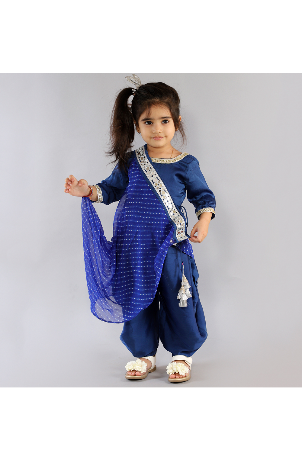 Royal blue lehriya drape crop top with dhoti