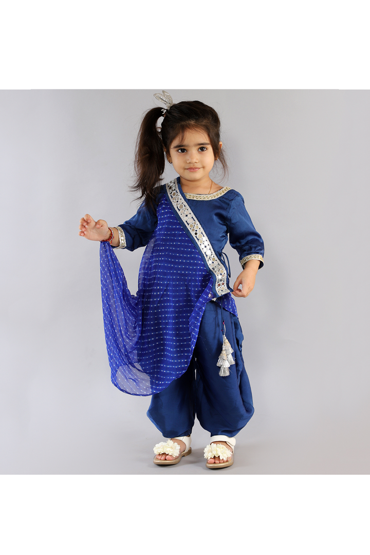 Royal blue lehriya drape crop top with dhoti