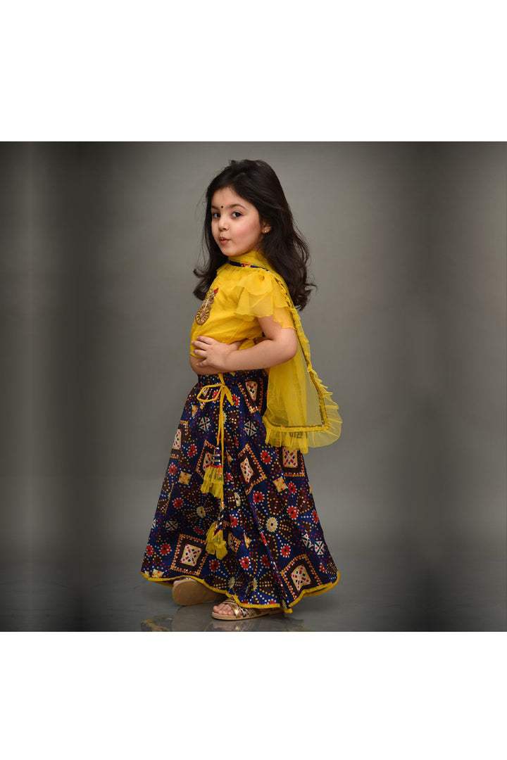 Yellow zari work patch choli with ink blue printed lehenga