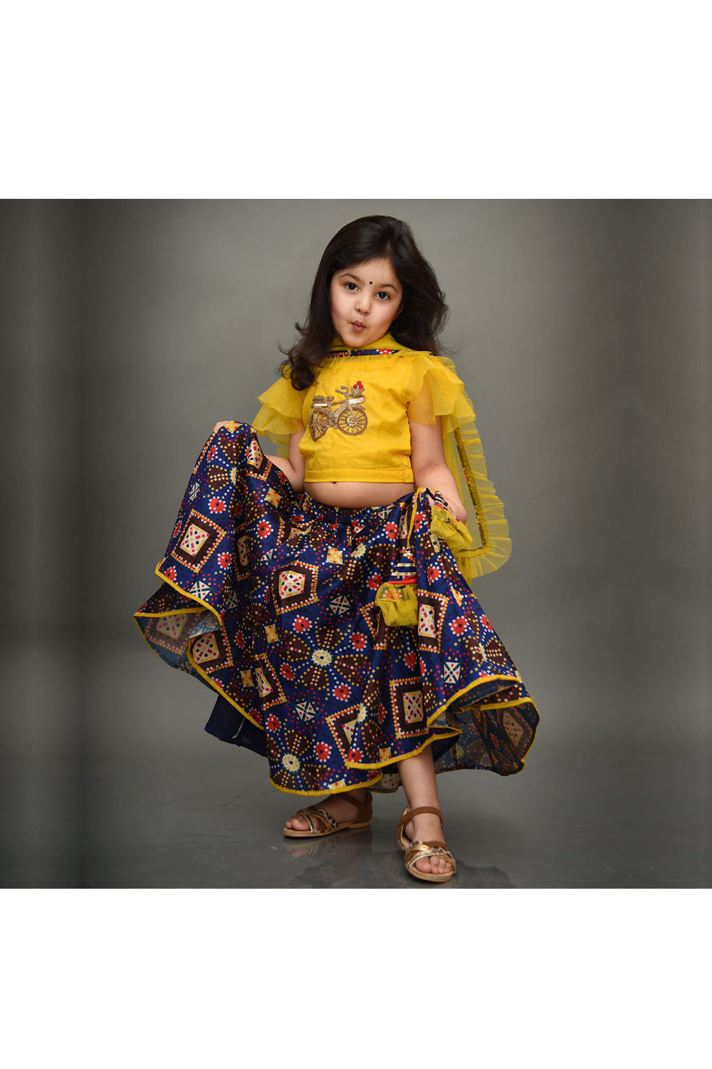 Yellow zari work patch choli with ink blue printed lehenga