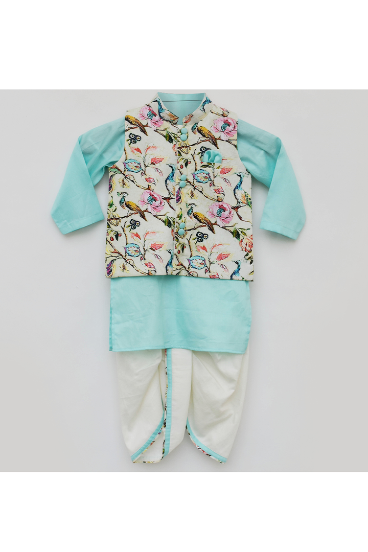 Off white printed jacket with blue kurta and dhoti