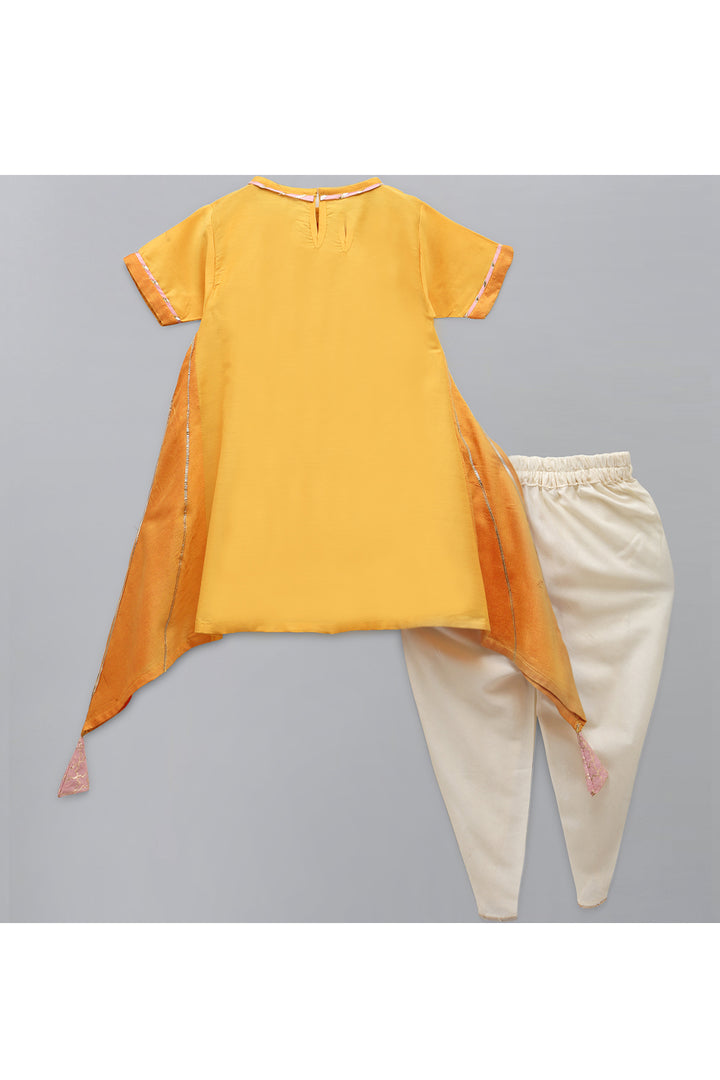 Yellow Ganpati Embroidered Assymetric Kurta With White Dhoti Set