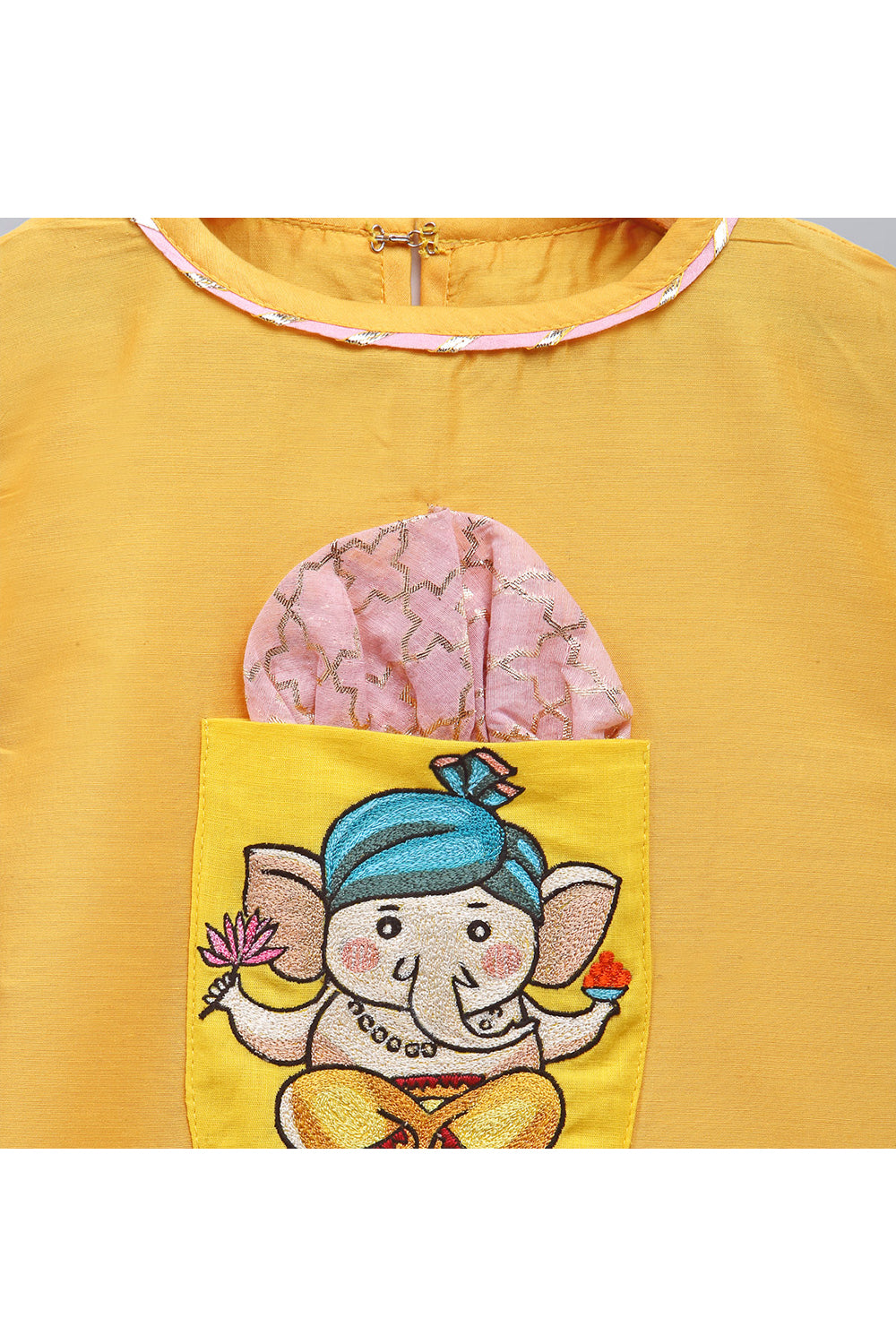 Yellow Ganpati Embroidered Assymetric Kurta With White Dhoti Set