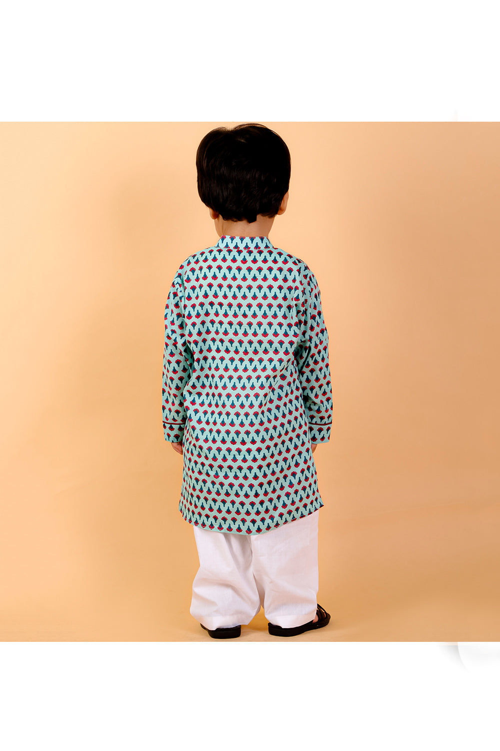 Light blue block printed kurta with white pyjama set