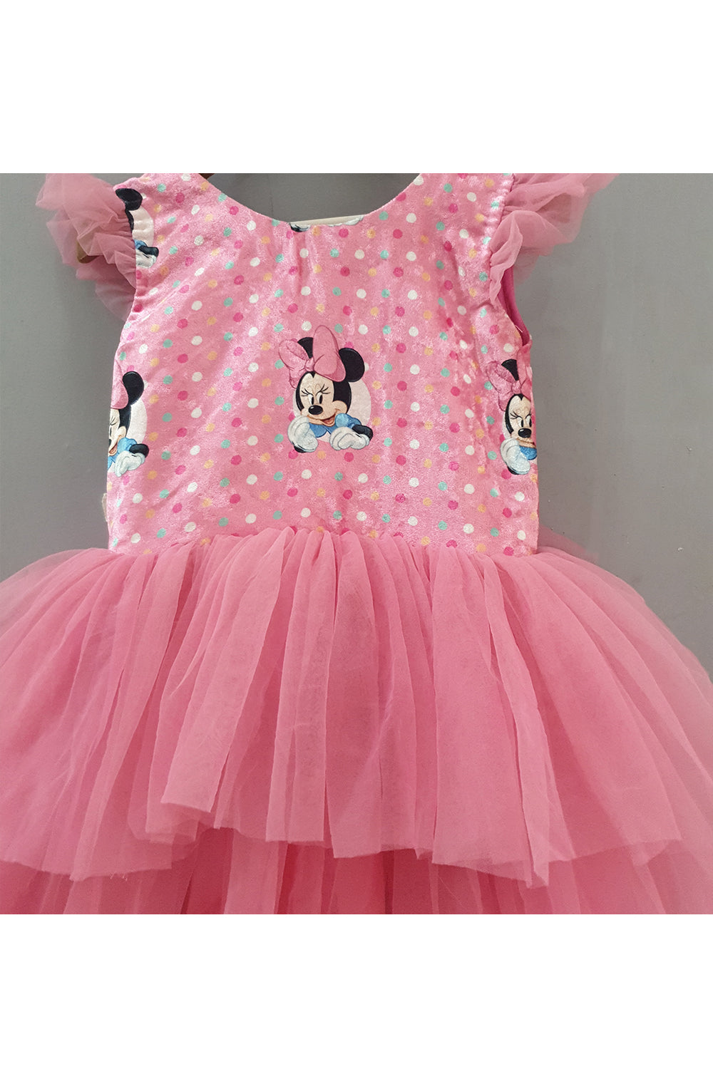 Pink minnie mouse printed high and low gown with a head band