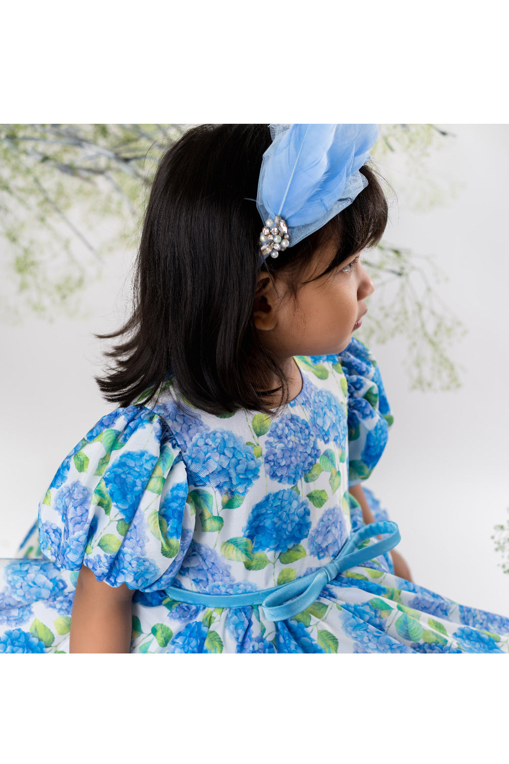 Blue Floral Printed Crepe Puff Sleeves Dress