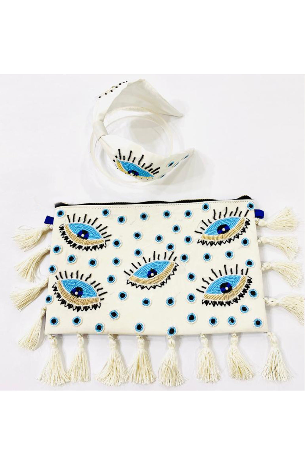 White Beads Embroidery Work Sling Bag With Hairband