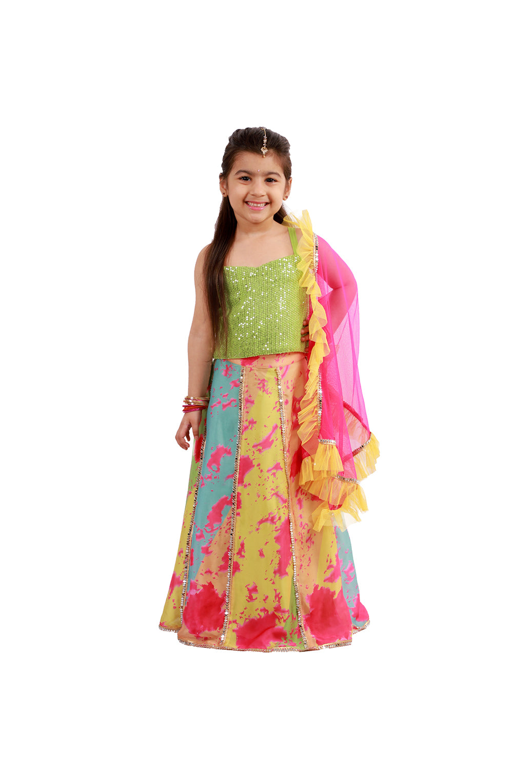 Light green mirror work choli with printed lehenga and dupatta