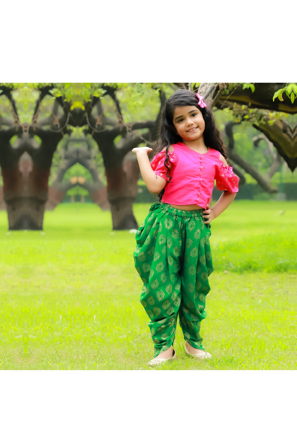 Pink cold shoulder top with green printed dhoti