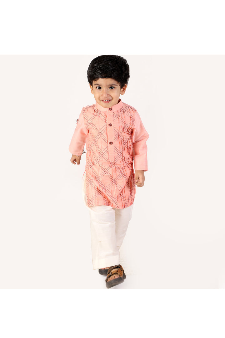 Peach Crisscross Thread Embroidered Kurta With Pyjama Set