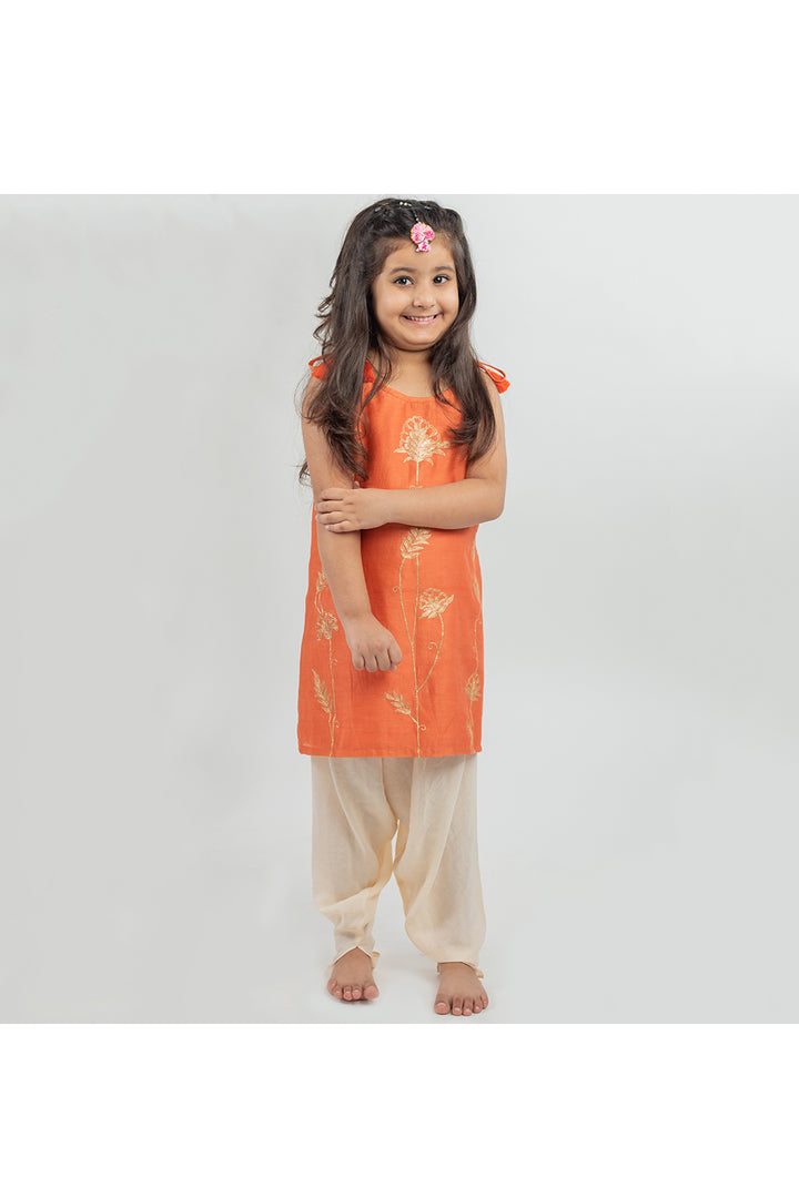 Orange chanderi handwork kurta with muslin dhoti