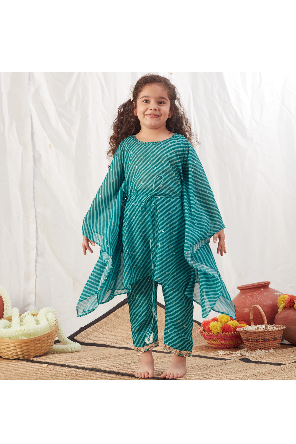 Turquoise Leheriya Printed Kaftan With Pant Set