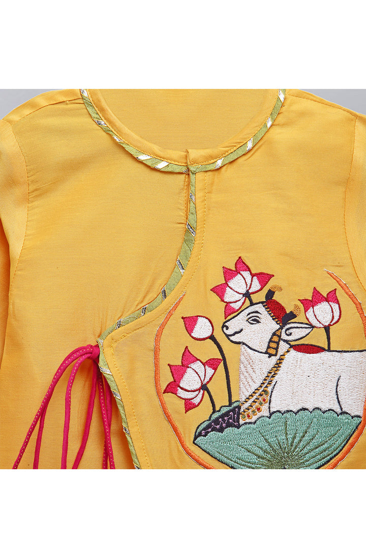 Yellow Embroidered Angarkha Kurta With Off White Dhoti Set