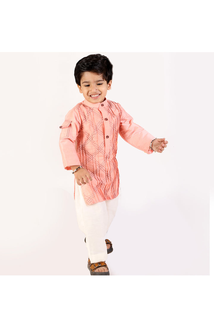 Peach Crisscross Thread Embroidered Kurta With Pyjama Set