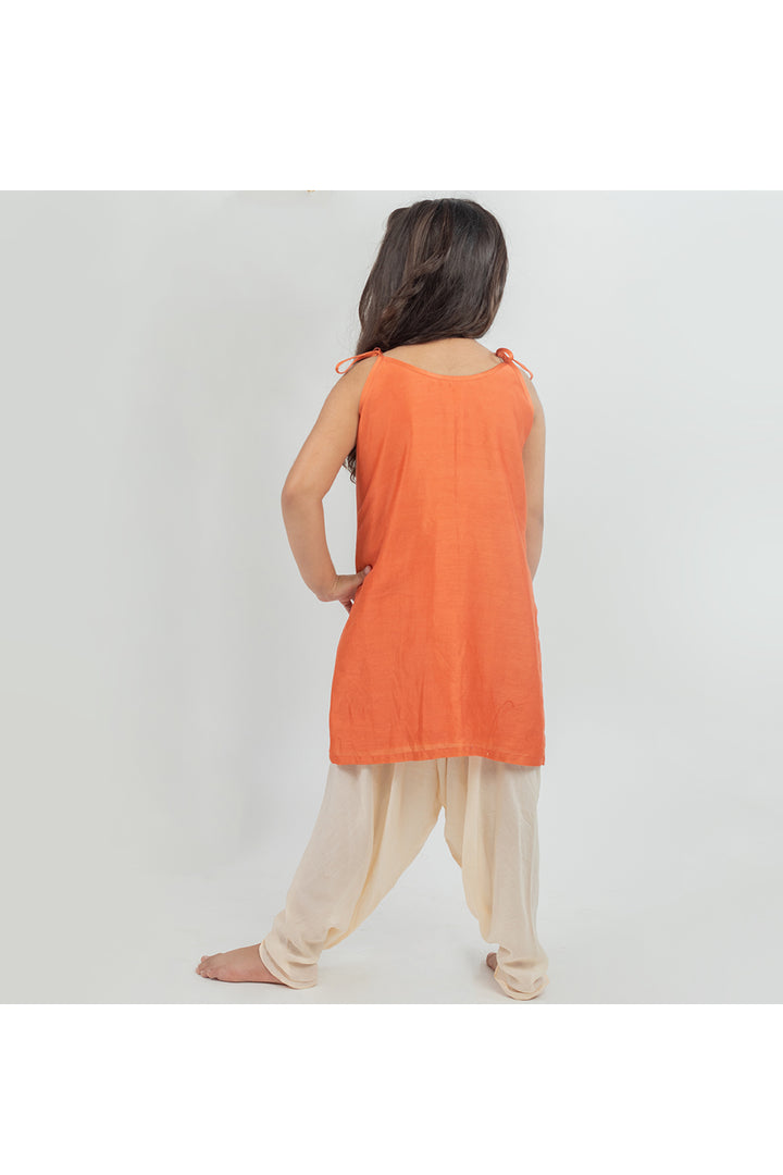 Orange chanderi handwork kurta with muslin dhoti