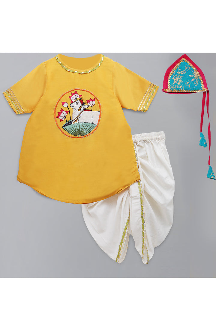 Yellow Embroidered Kurta With White Dhoti Set