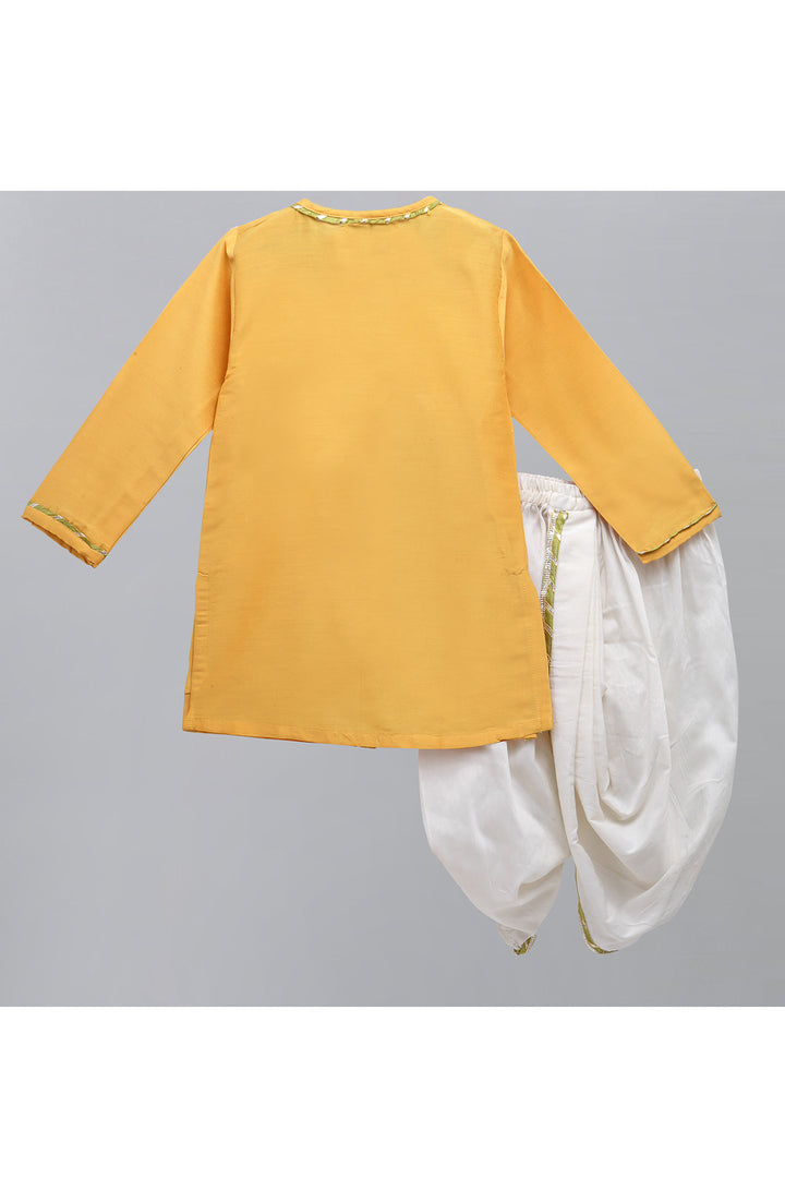 Yellow Embroidered Angarkha Kurta With Off White Dhoti Set