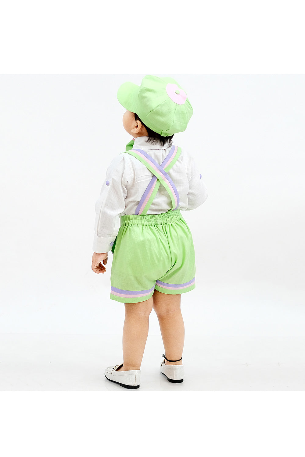 White Pure Linen Shirt With Parrot Green Suspender And Bow Set
