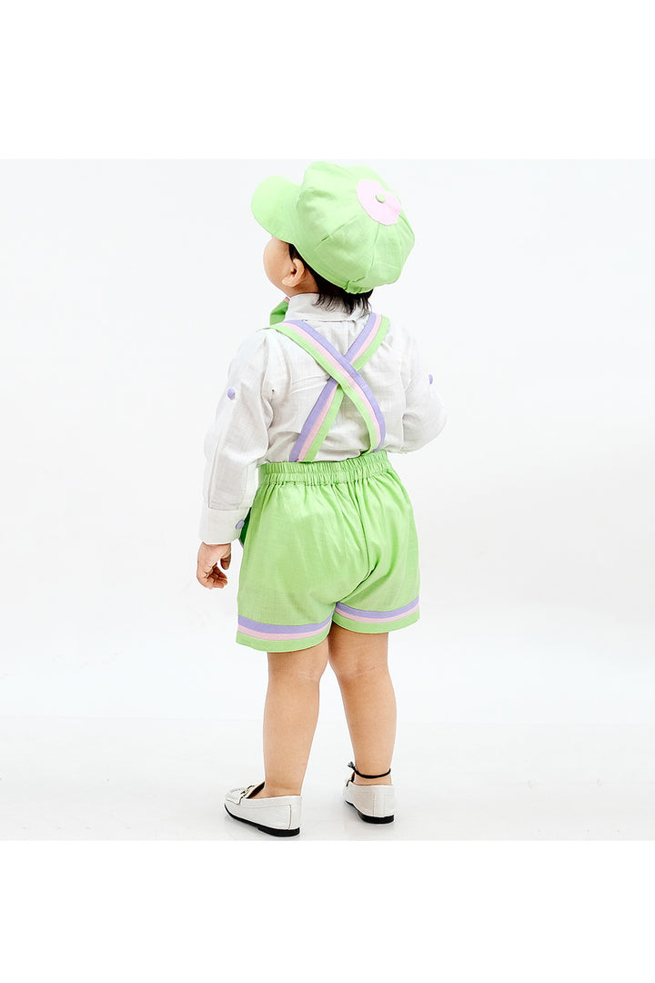 White Pure Linen Shirt With Parrot Green Suspender And Bow Set