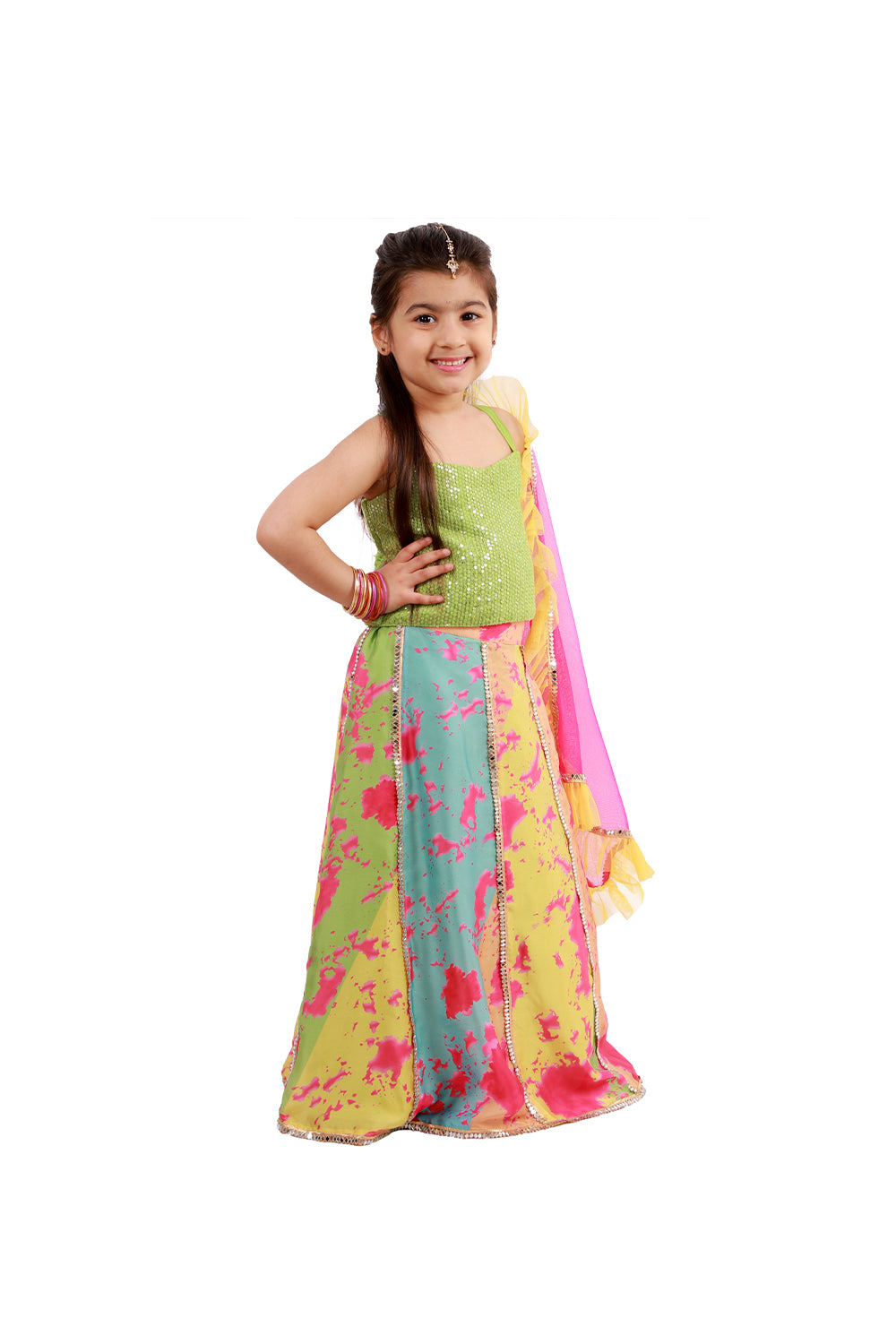 Light green mirror work choli with printed lehenga and dupatta