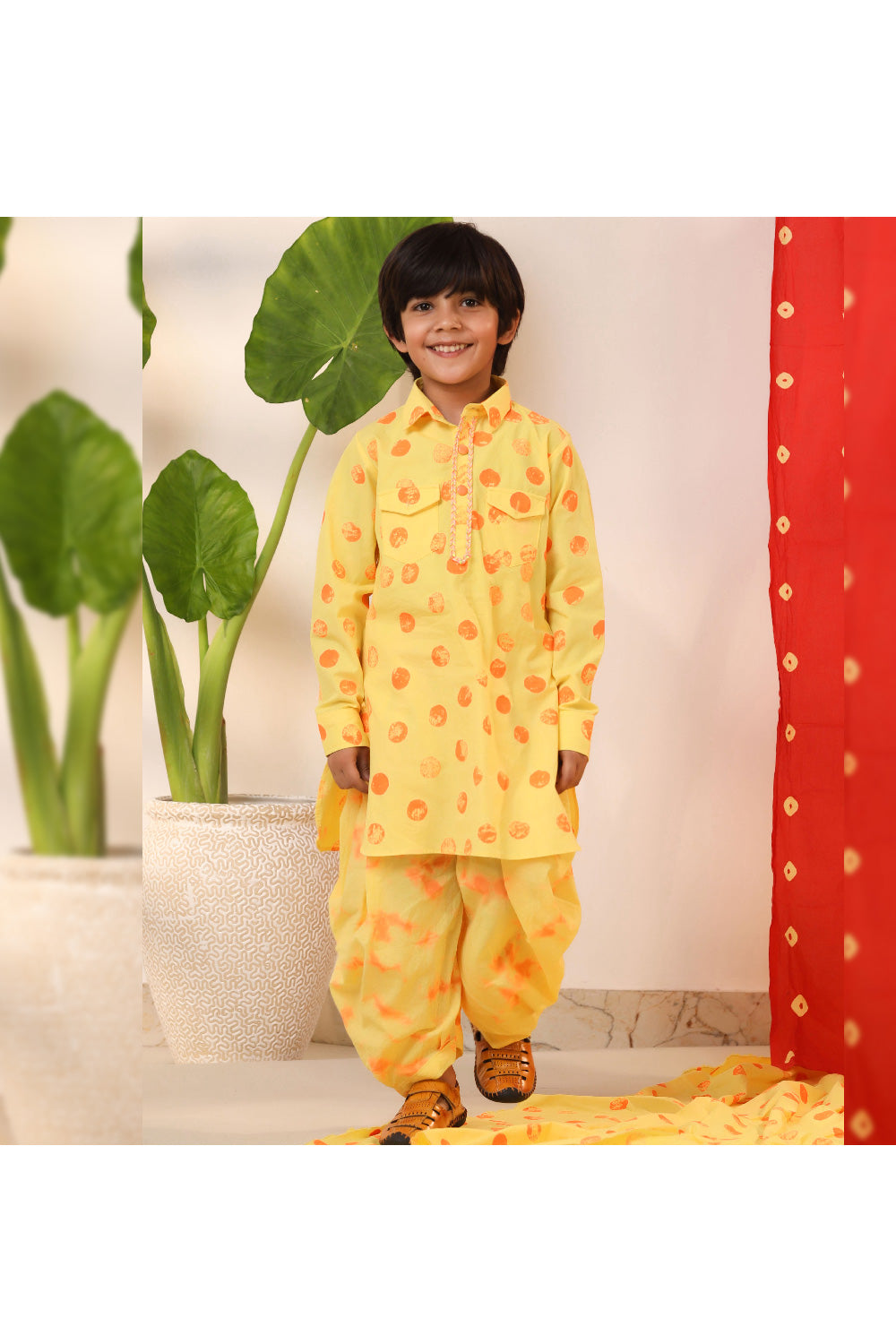 Yellow And Orange Printed Cotton Kurta And Salwar Set