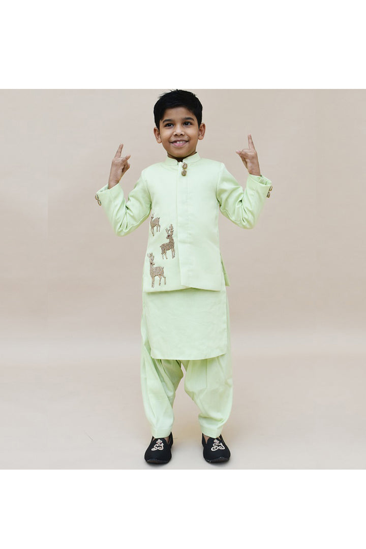 Green Kurta With Deer Motif Jacket And Salwar Set