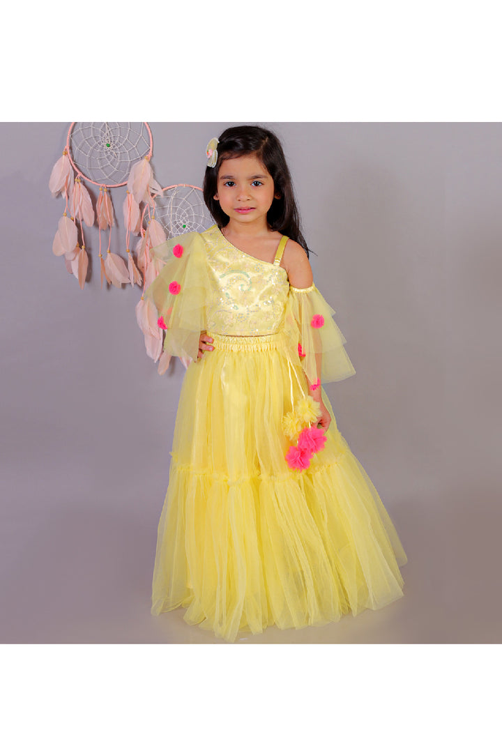 Yellow Embroidered One Shoulder Top With Net Lehenga Set