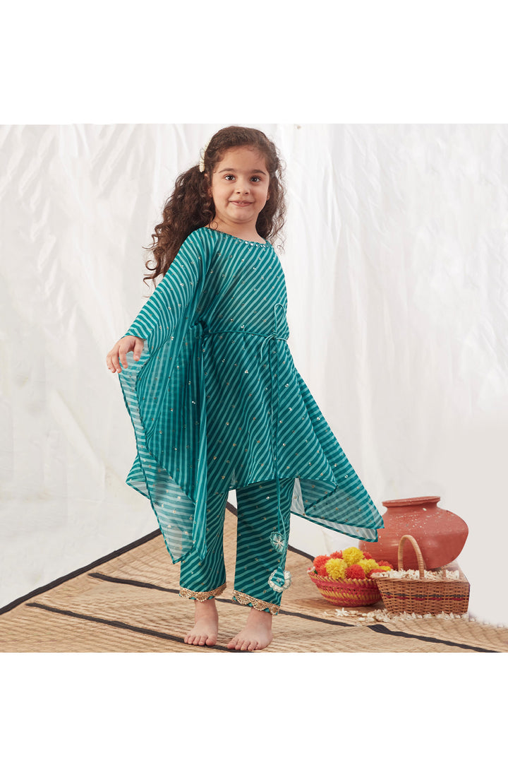 Turquoise Leheriya Printed Kaftan With Pant Set