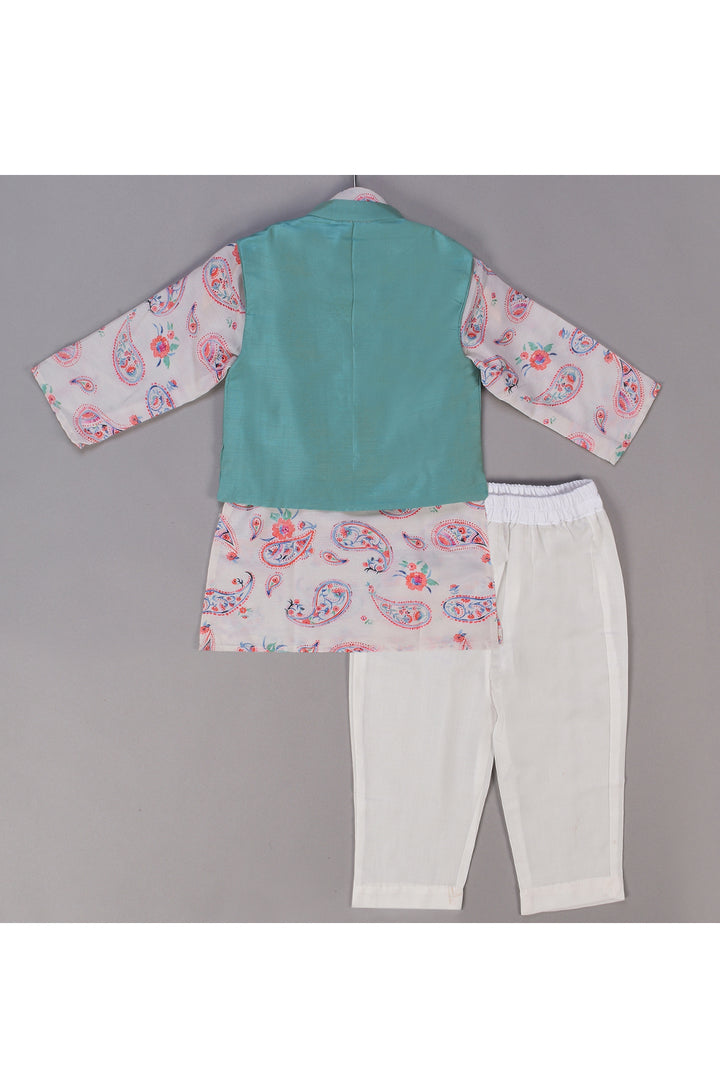 White paisley printed kurta with pintucks jacket and pyjama